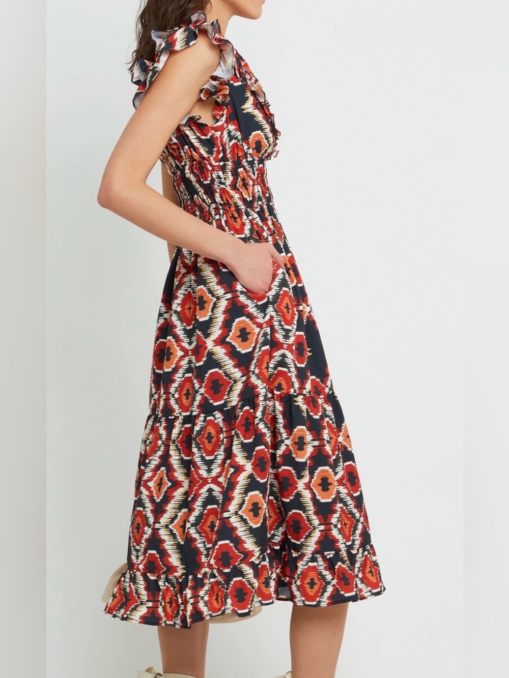 O.P.T. VIANSA NAVY ORANGE RED SLEEVELESS RUFFLE V-NECK DRESS WOMENS MEDIUM - Picture 8 of 8